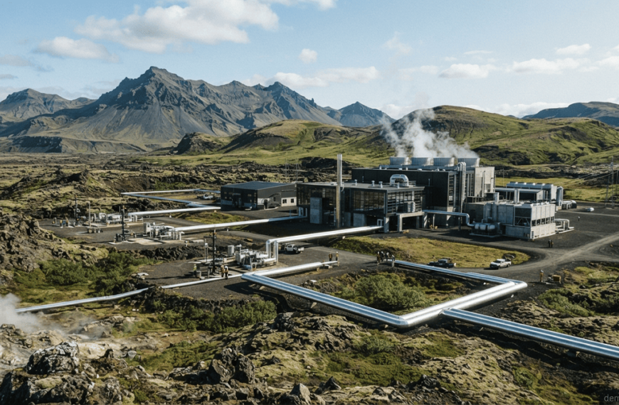 Modern geothermal power plant generating renewable energy in a volcanic landscape