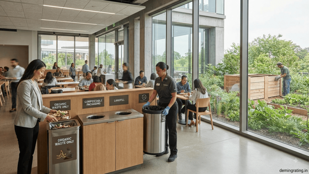 Modern commercial building with occupants and staff separating organic waste for composting during post-occupancy operations.