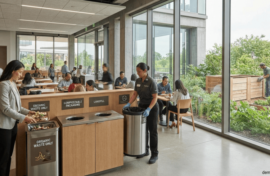 Modern commercial building with occupants and staff separating organic waste for composting during post-occupancy operations.