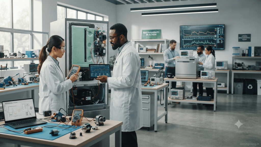 Engineers testing energy-efficient appliances in a product development laboratory