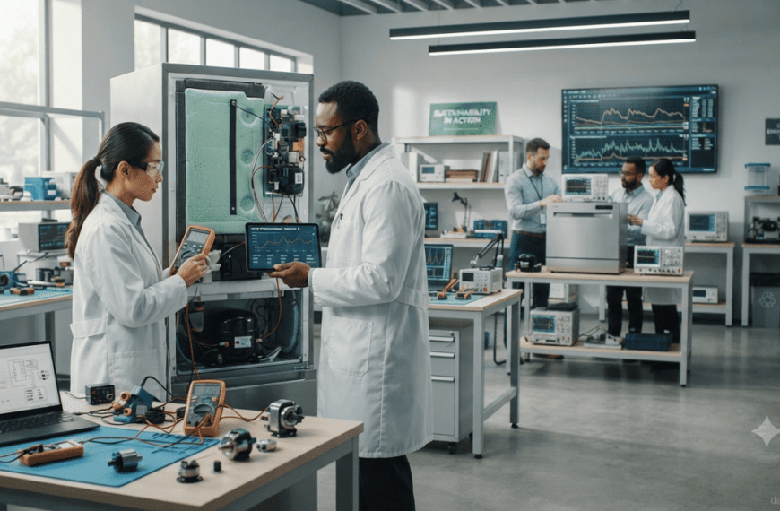 Engineers testing energy-efficient appliances in a product development laboratory