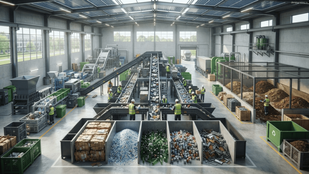 Modern sustainable waste management facility with workers processing recyclable materials, composting organic waste, and using advanced recycling systems for resource recovery.