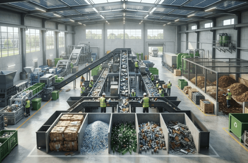 Modern sustainable waste management facility with workers processing recyclable materials, composting organic waste, and using advanced recycling systems for resource recovery.