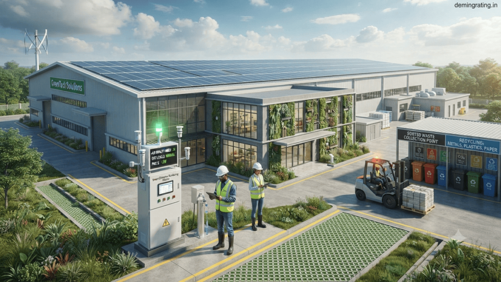 EC Mandatory Requirement. A modern industrial facility using renewable energy, environmental monitoring systems, recycling processes, and sustainable compliance practices.