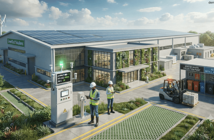 EC Mandatory Requirement. A modern industrial facility using renewable energy, environmental monitoring systems, recycling processes, and sustainable compliance practices.