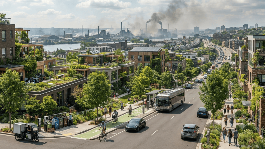 Modern sustainable city with electric vehicles, solar panels, green spaces, and contrasting industrial pollution illustrating environmental footprint reduction.