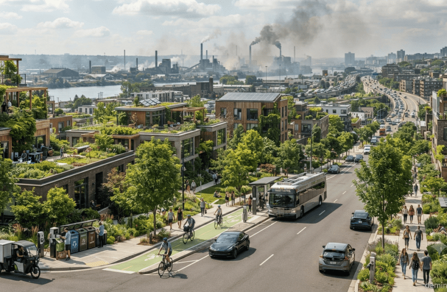 Modern sustainable city with electric vehicles, solar panels, green spaces, and contrasting industrial pollution illustrating environmental footprint reduction.