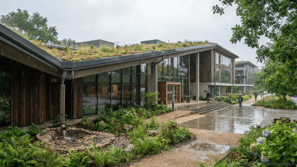 Modern commercial building with rooftop rainwater harvesting, sustainable landscaping, permeable surfaces, and rainwater collection features.