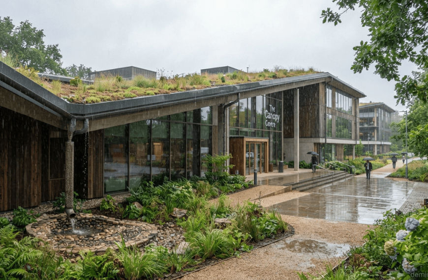 Modern commercial building with rooftop rainwater harvesting, sustainable landscaping, permeable surfaces, and rainwater collection features.