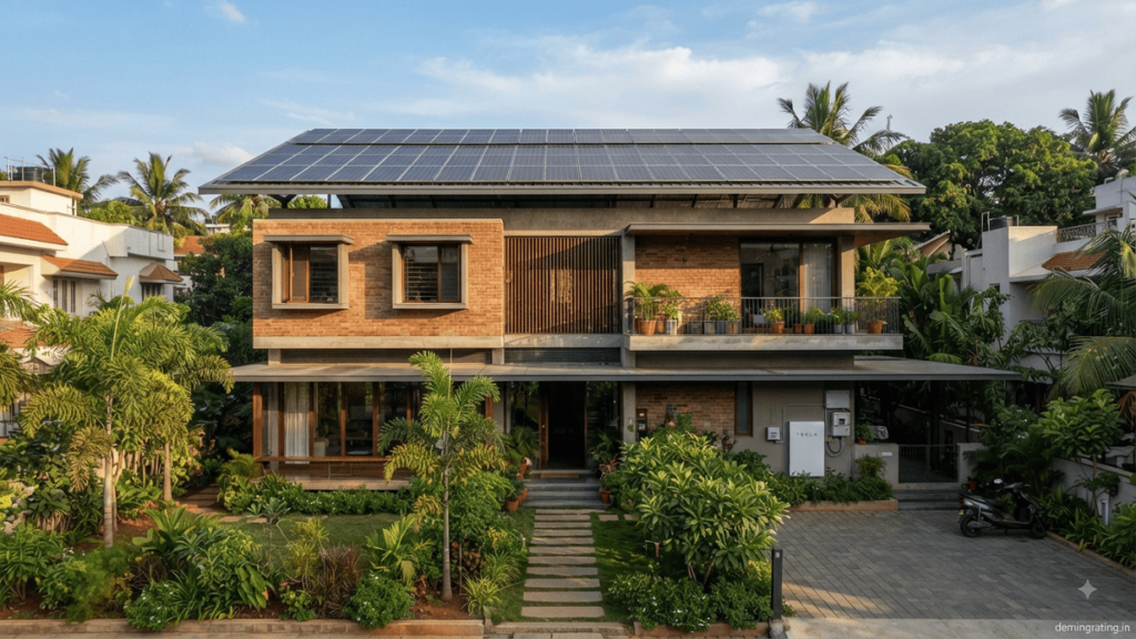 Modern Indian green home with rooftop solar panels and battery storage for distributed renewable power generation.