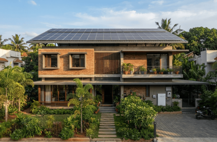 Modern Indian green home with rooftop solar panels and battery storage for distributed renewable power generation.