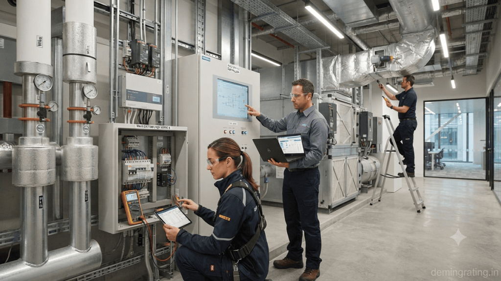 Commissioning engineers testing HVAC, electrical, and building automation systems in a modern commercial building.