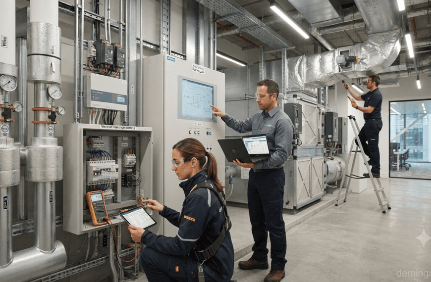 Commissioning engineers testing HVAC, electrical, and building automation systems in a modern commercial building.