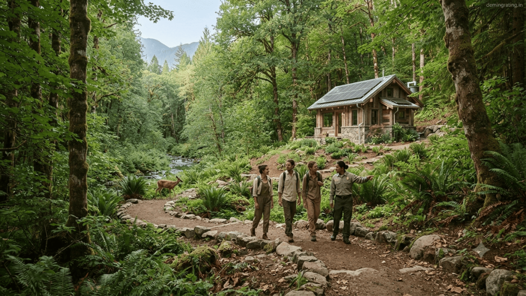 Eco-tourists exploring a green forest trail near an eco-friendly lodge while supporting sustainable travel and nature conservation.