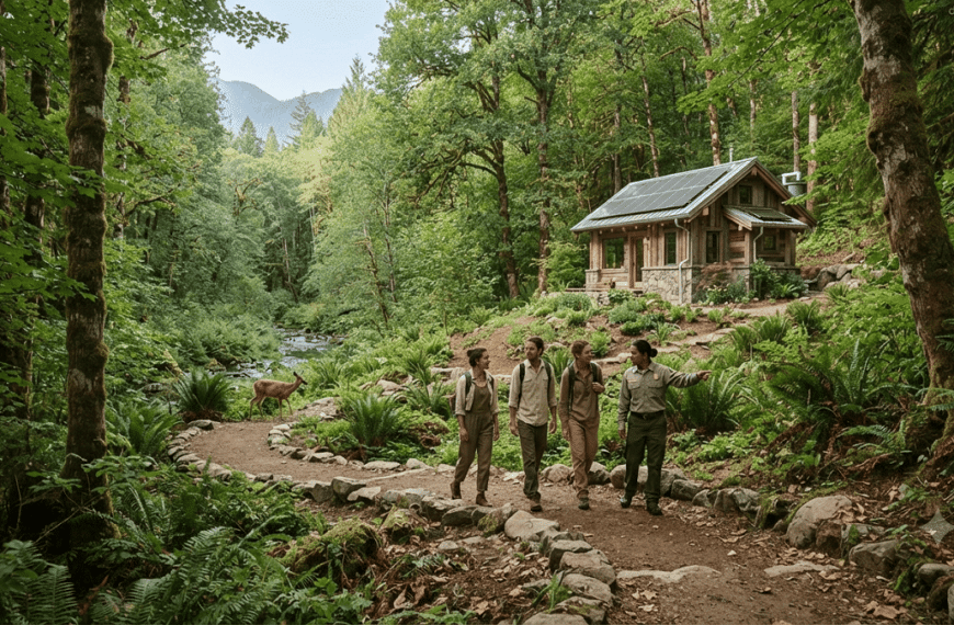 Eco-tourists exploring a green forest trail near an eco-friendly lodge while supporting sustainable travel and nature conservation.