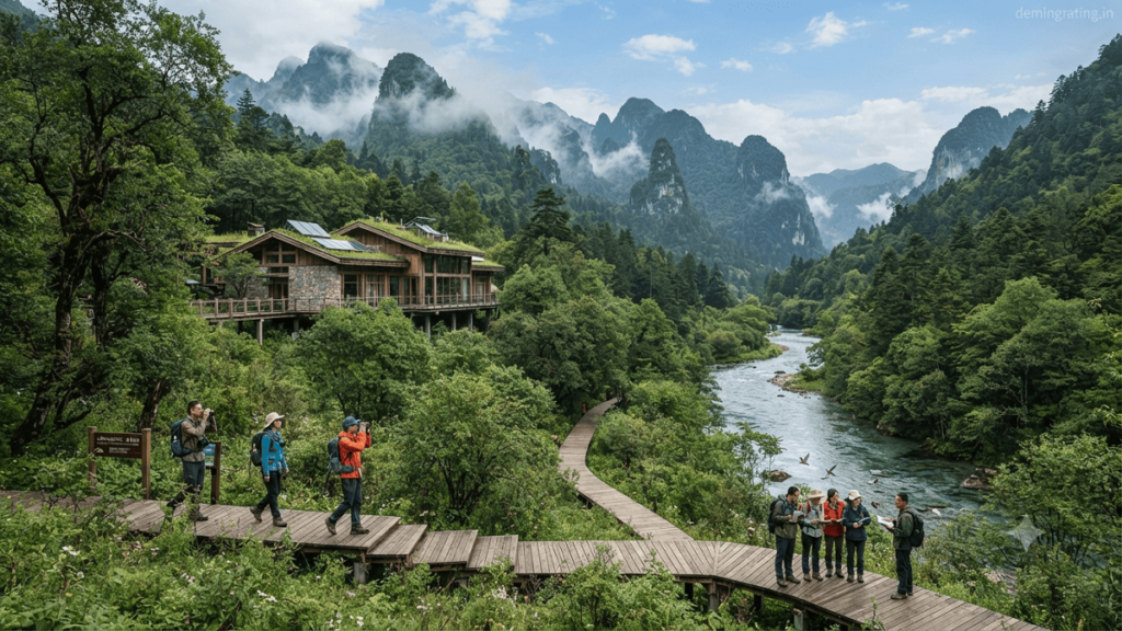 Sustainable eco-tourism destination in China featuring green mountains, forests, rivers, and environmentally friendly tourism facilities.