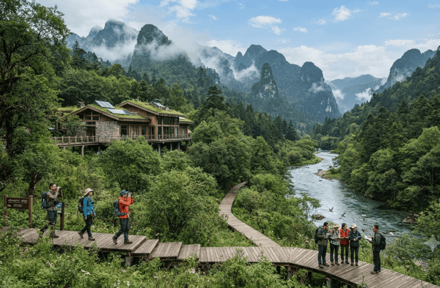 Sustainable eco-tourism destination in China featuring green mountains, forests, rivers, and environmentally friendly tourism facilities.