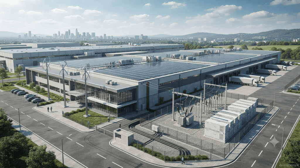 Modern industrial facility using rooftop solar panels, wind turbines, and battery storage for distributed power generation.