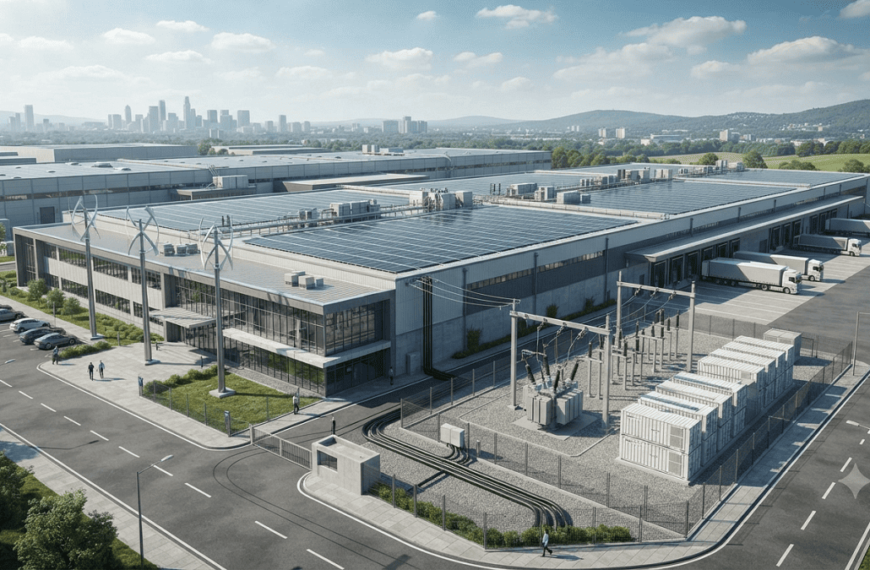 Modern industrial facility using rooftop solar panels, wind turbines, and battery storage for distributed power generation.