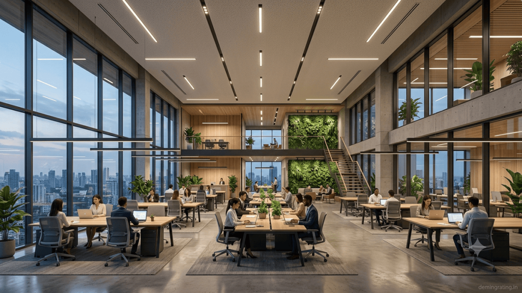 Modern green office interior illuminated by energy-efficient LED lighting fixtures with natural daylight.