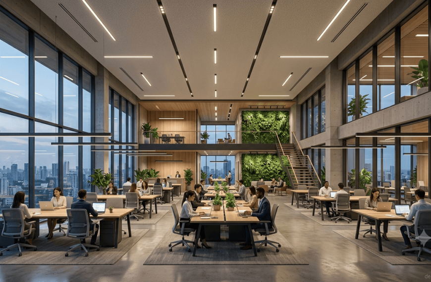 Modern green office interior illuminated by energy-efficient LED lighting fixtures with natural daylight.
