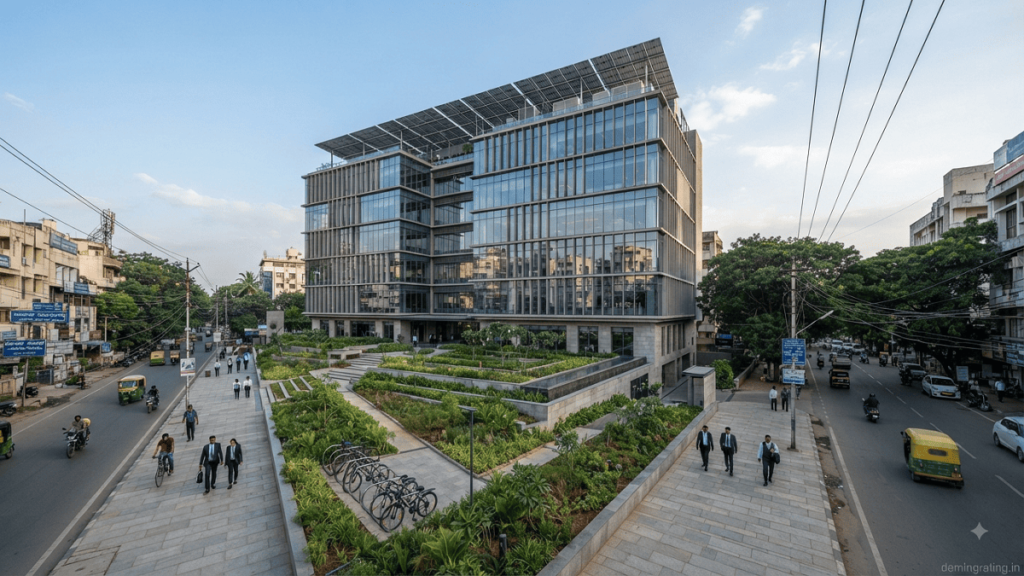 Sustainable commercial building designed for green-building and local regulatory compliance
