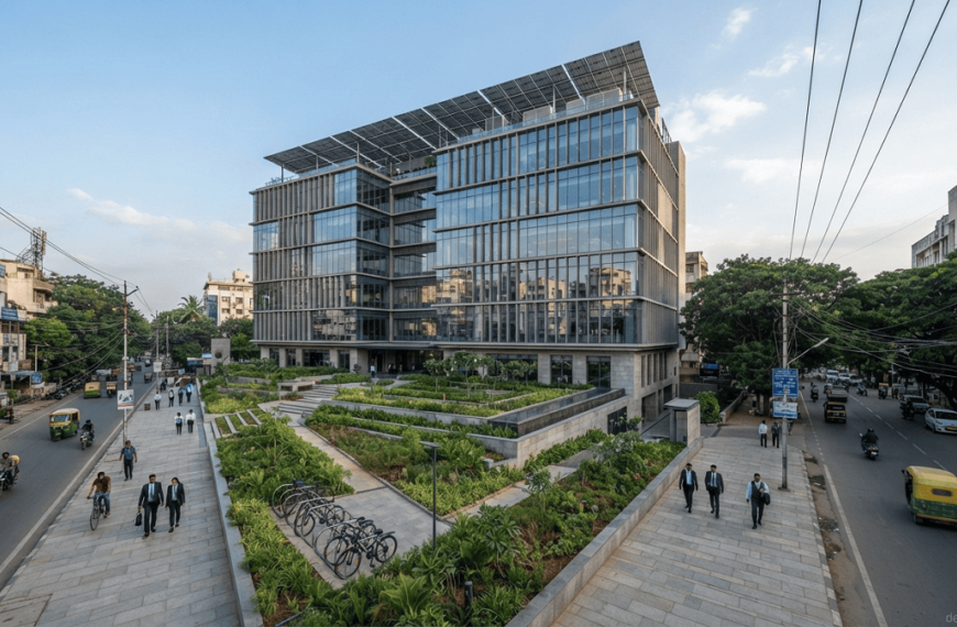 Sustainable commercial building designed for green-building and local regulatory compliance