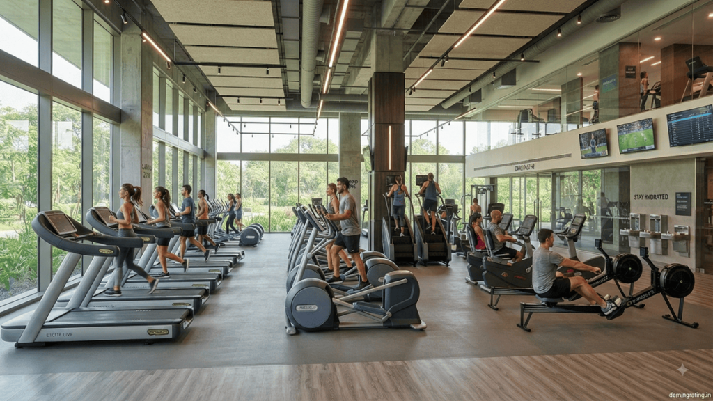 Modern aerobic and cardiovascular gymnasium with treadmills, elliptical machines, stationary bikes, and people exercising.