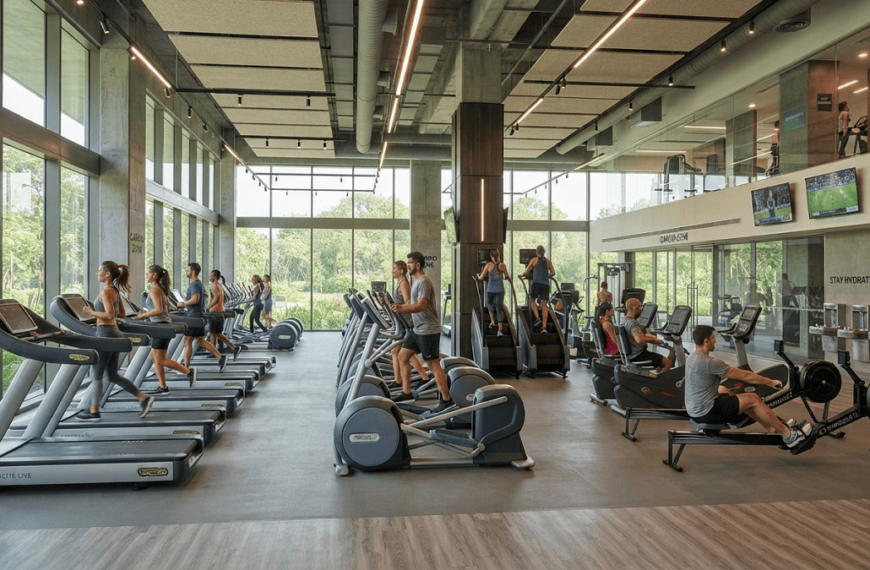 Modern aerobic and cardiovascular gymnasium with treadmills, elliptical machines, stationary bikes, and people exercising.