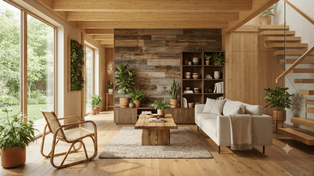Eco-Friendly Wood-Based Materials. Modern eco-friendly interior featuring reclaimed wood furniture, bamboo elements, sustainable wooden panels, and natural design features.