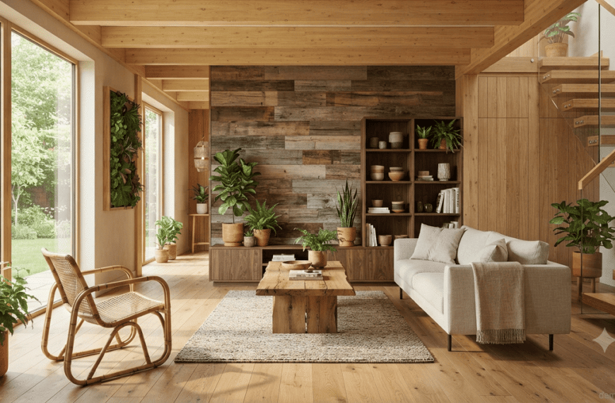 Eco-Friendly Wood-Based Materials. Modern eco-friendly interior featuring reclaimed wood furniture, bamboo elements, sustainable wooden panels, and natural design features.