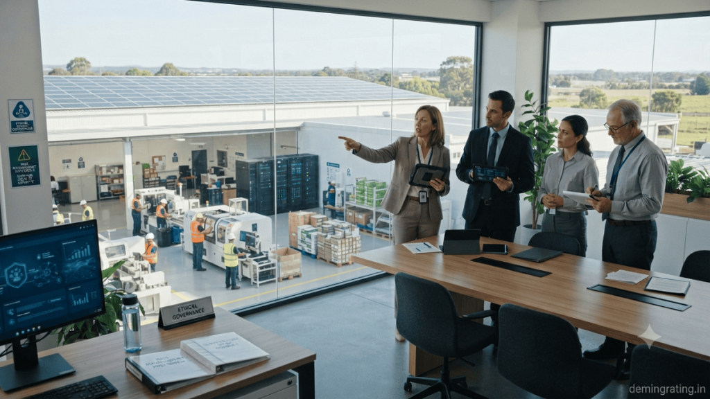 Corporate team managing ESG risks through sustainable operations, workplace safety, resource efficiency, and responsible governance.