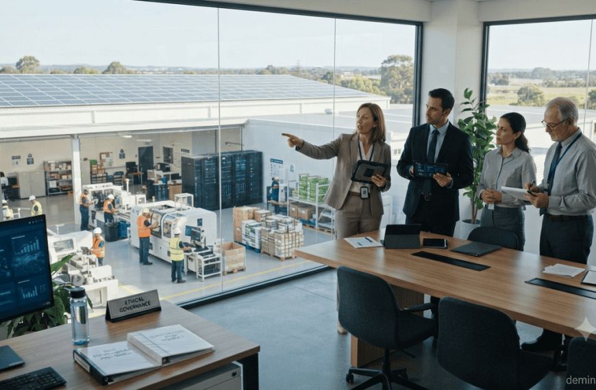 Corporate team managing ESG risks through sustainable operations, workplace safety, resource efficiency, and responsible governance.