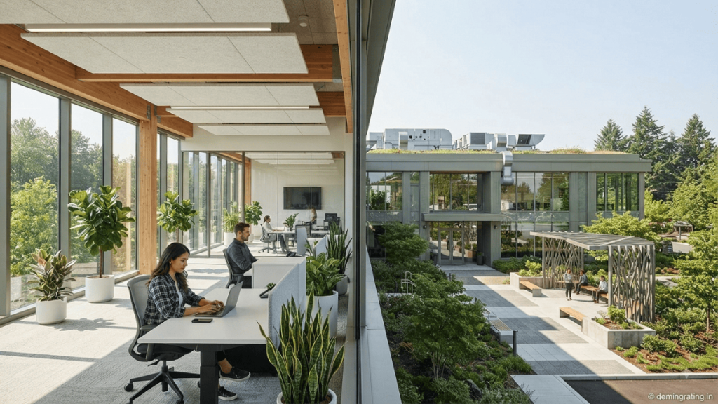 Modern green office with a smoke-free interior and a designated outdoor smoking area separated from entrances and ventilation intakes.