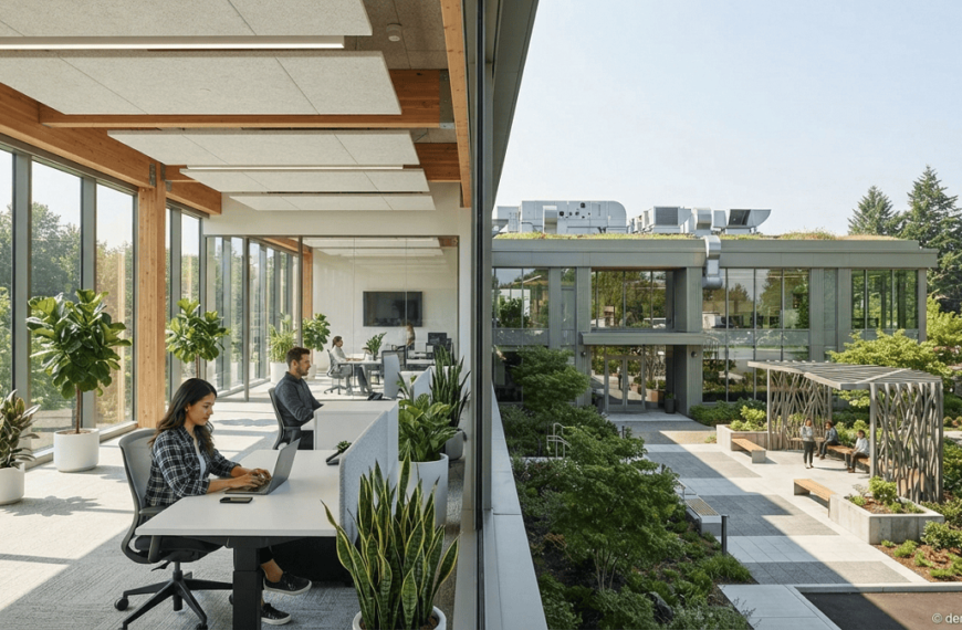 Modern green office with a smoke-free interior and a designated outdoor smoking area separated from entrances and ventilation intakes.