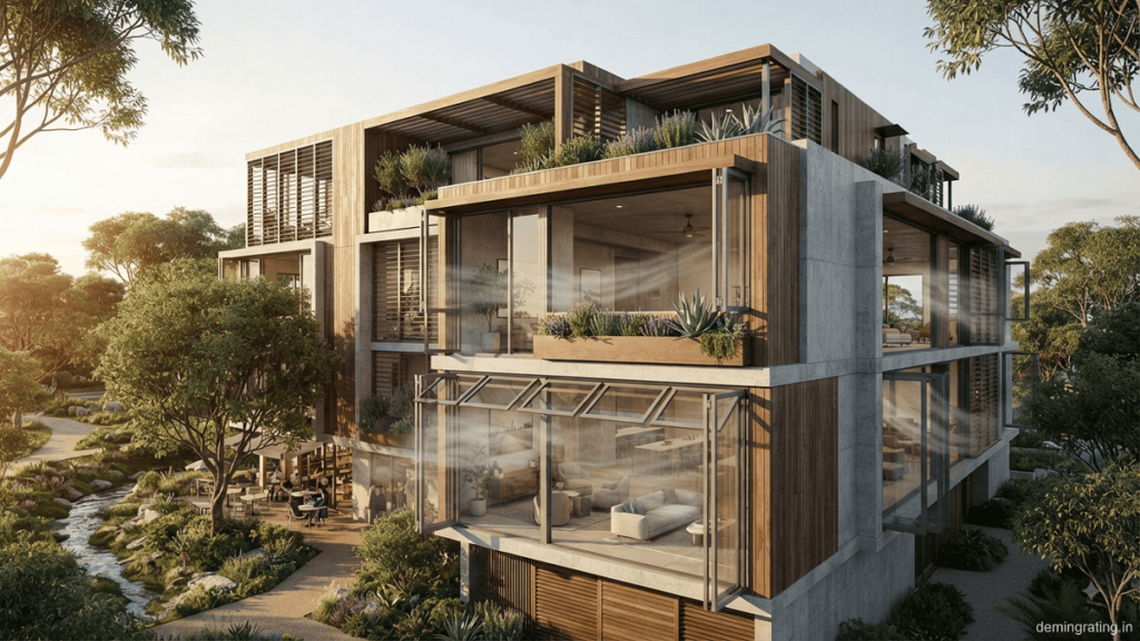 Modern sustainable building using strategically positioned windows for natural cross ventilation.