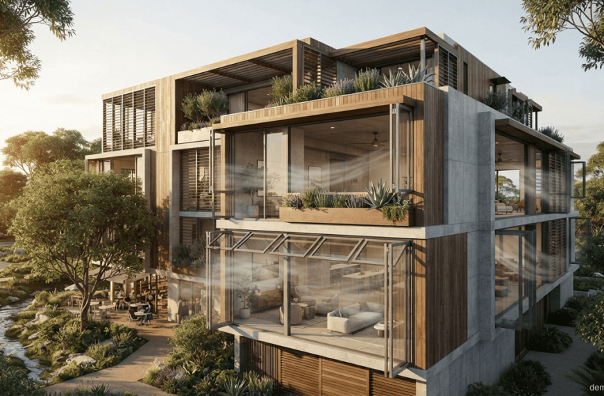 Modern sustainable building using strategically positioned windows for natural cross ventilation.