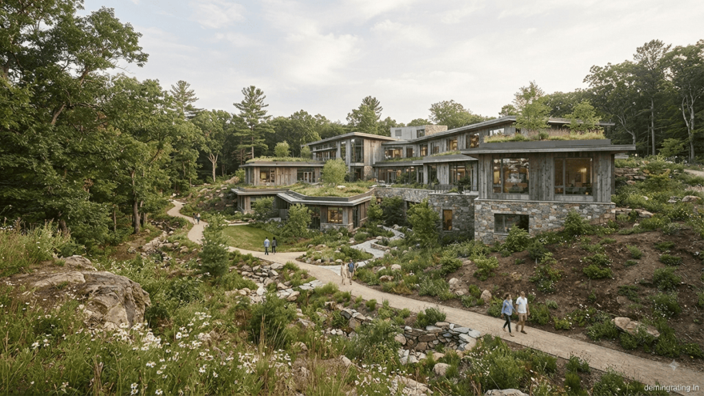 Sustainable buildings integrated with natural topography, mature vegetation, landscaped areas, rain gardens, and green infrastructure.