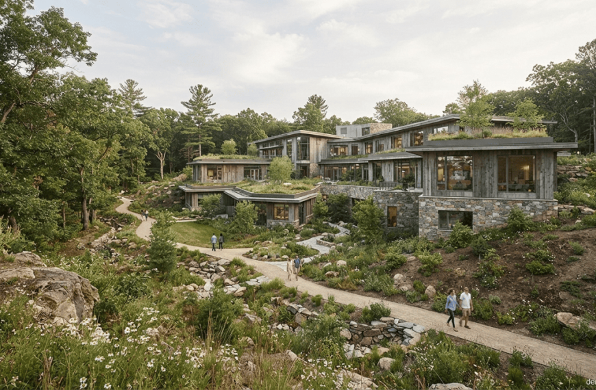 Sustainable buildings integrated with natural topography, mature vegetation, landscaped areas, rain gardens, and green infrastructure.