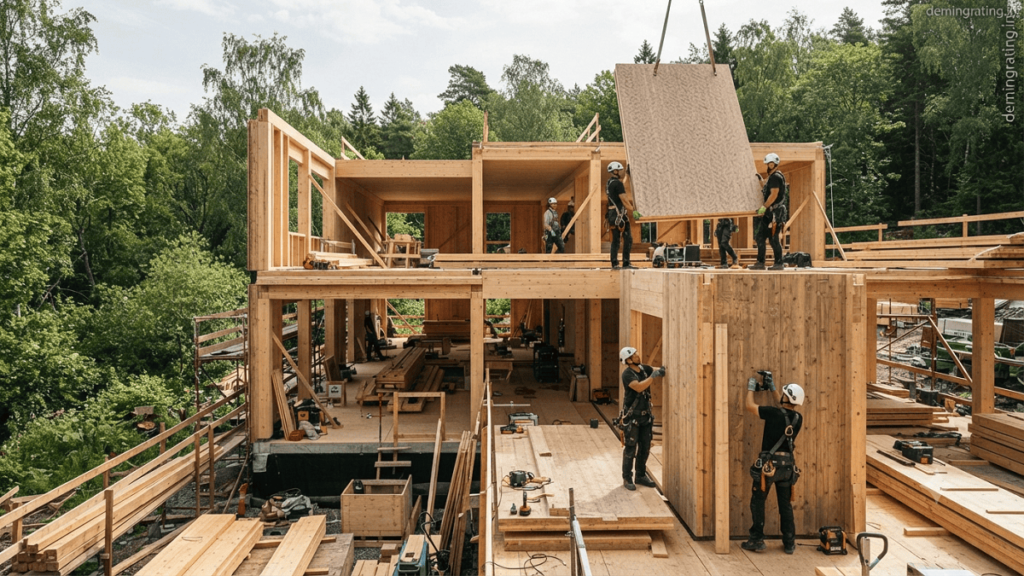 Modern sustainable building constructed with eco-friendly wood-based materials including cross-laminated timber, natural wood panels, and renewable construction elements surrounded by greenery.