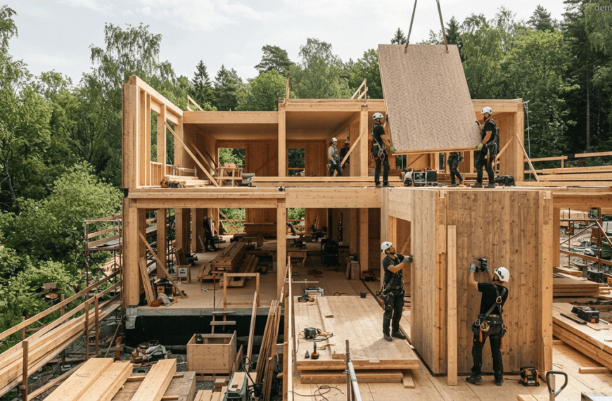 Modern sustainable building constructed with eco-friendly wood-based materials including cross-laminated timber, natural wood panels, and renewable construction elements surrounded by greenery.