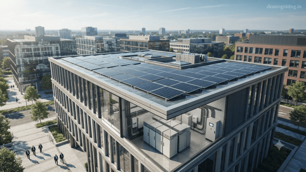 Modern commercial building equipped with rooftop solar panels and on-site renewable energy systems generating clean electricity.