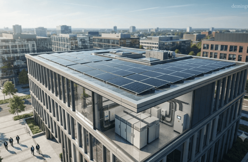 Modern commercial building equipped with rooftop solar panels and on-site renewable energy systems generating clean electricity.