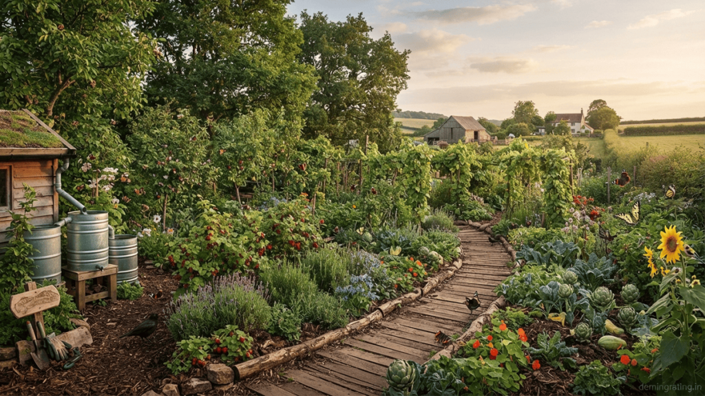 Rural food forest with layered edible plants and diverse vegetation