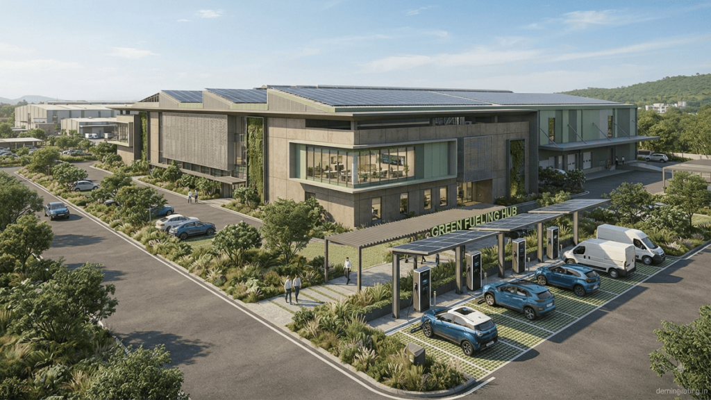 Modern green industrial facility with electric vehicles using dedicated EV charging stations as part of a GGBC non-fossil fueling facility.