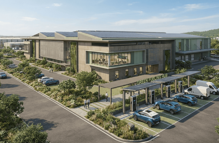 Modern green industrial facility with electric vehicles using dedicated EV charging stations as part of a GGBC non-fossil fueling facility.