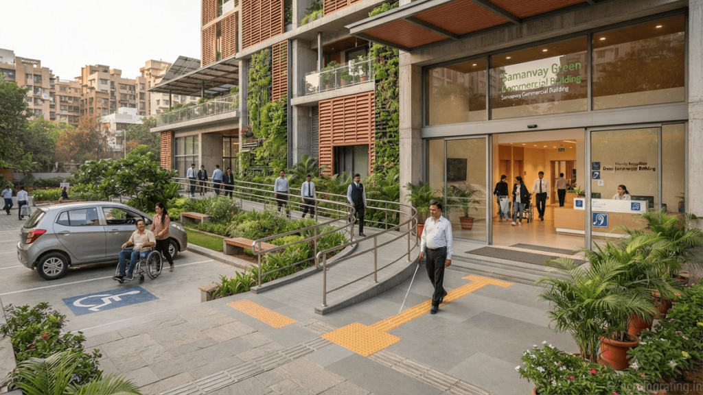 Inclusive green commercial building with accessible ramp, parking, pathways, tactile wayfinding, and diverse occupants.
