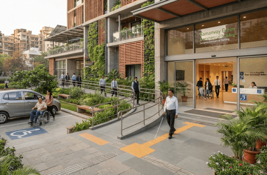 Inclusive green commercial building with accessible ramp, parking, pathways, tactile wayfinding, and diverse occupants.