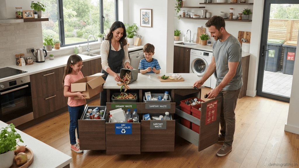 Family separating organic, recyclable, sanitary, and special-care household waste into designated containers.