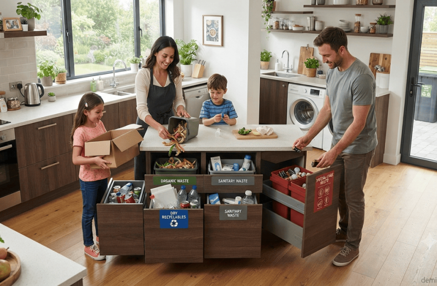 Family separating organic, recyclable, sanitary, and special-care household waste into designated containers.